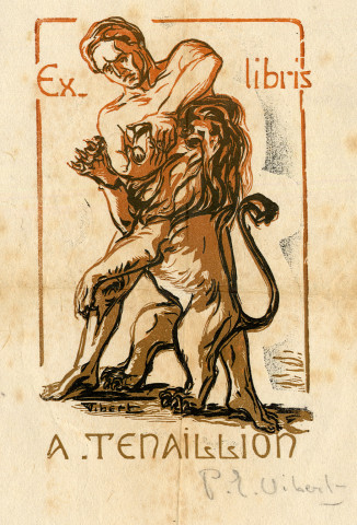 Ex. libris A. Tenaillion. Gravure de Pierre Eugène Vibert (1875-1937) représentant Samson terrassant un lion