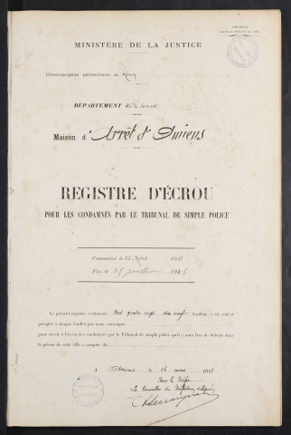 Maison d'arrêt d'Amiens. Simple police. Registre d'écrou : numéros 1 à 597. 23 mars 1918 - 25 juillet 1923