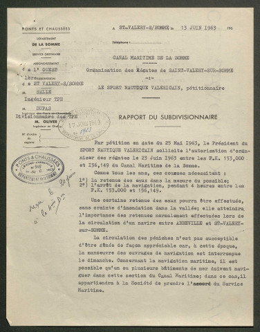 Demande du Sport Nautique Valericain (fondé en 1846) pour l'organisation des Championnats du Nord d'aviron sur le Canal de la Somme le 23 juin 1963