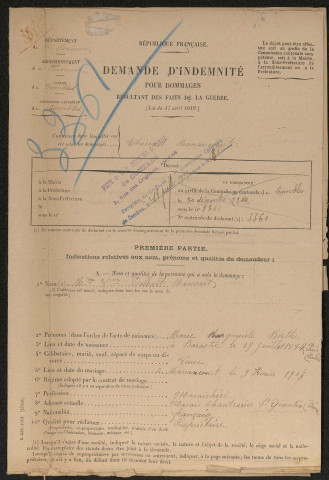 Etricourt-Manancourt. Demande d'indemnisation des dommages de guerre : dossier Delbart-Mansart