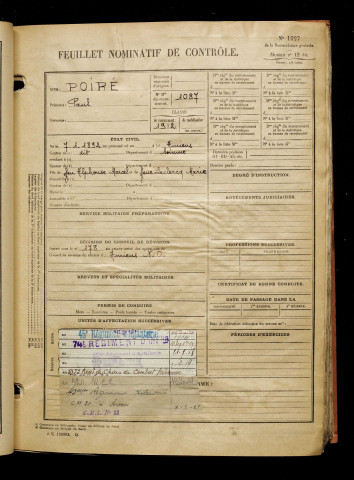 Poiré, Paul, né le 07 janvier 1892 à Amiens (Somme), classe 1912, matricule n° 1087, Bureau de recrutement d'Amiens