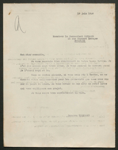 Témoignage de Couraud, F. (Capitaine) et correspondance avec Jacques Péricard