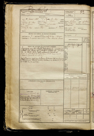 Billard, Origène, né le 21 février 1896 à Fresnoy-lès-Roye (Somme), classe 1916, matricule n° 52, Bureau de recrutement de Péronne