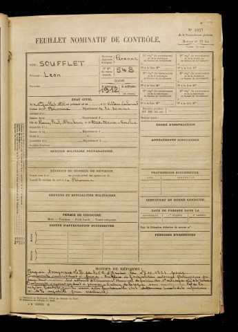 Soufflet, Léon Gaston, né le 01 juillet 1892 à Villers-Carbonnel (Somme), classe 1912, matricule n° 548, Bureau de recrutement de Péronne