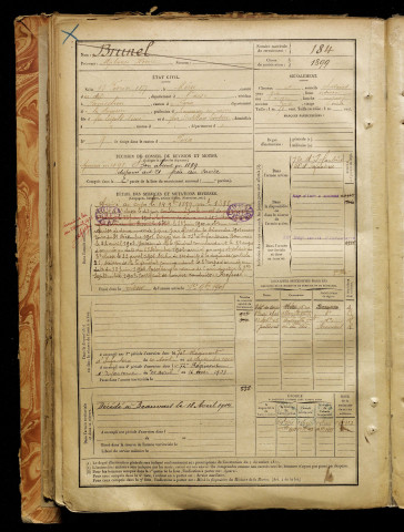 Brunel, Alphonse Henri, né le 13 février 1877 à Méru (Oise), classe 1897, matricule n° 184, Bureau de recrutement d'Amiens