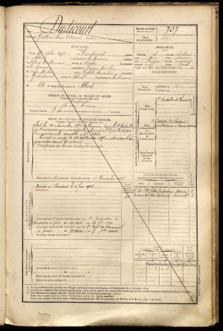 Dudicourt, Gaston Léon Edmond, né le 21 octobre 1873 à Grandcourt (Somme), classe 1893, matricule n° 707, Bureau de recrutement de Péronne