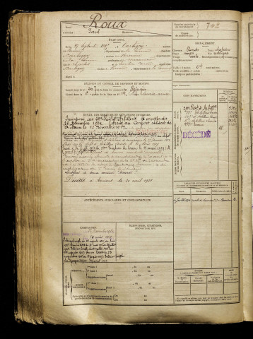 Roux, Paul, né le 27 septembre 1895 à Cartigny (Somme), classe 1915, matricule n° 702, Bureau de recrutement de Péronne