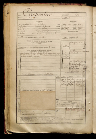 Carpentier, Arsène Eugène, né le 14 août 1873 à Lucheux (Somme), classe 1893, matricule n° 108, Bureau de recrutement d'Abbeville