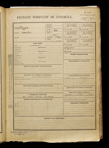 Pyen, Marcel, classe 1917, matricule n° 316, Bureau de recrutement d'Amiens