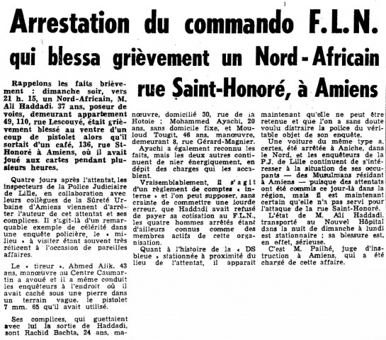 Arrestation du commando F.L.N. qui blessa grièvement un Nord-Africain rue Saint-Honoré, à Amiens