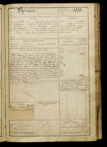 Prévost, Léon, né le 18 juillet 1888 à Hangest-sur-Somme (Somme), classe 1908, matricule n° 1373, Bureau de recrutement d'Amiens