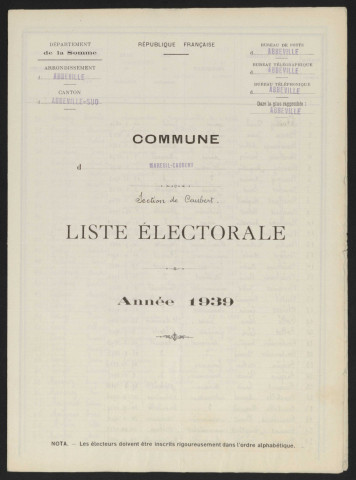 Liste électorale : Mareuil-Caubert, Section de Caubert