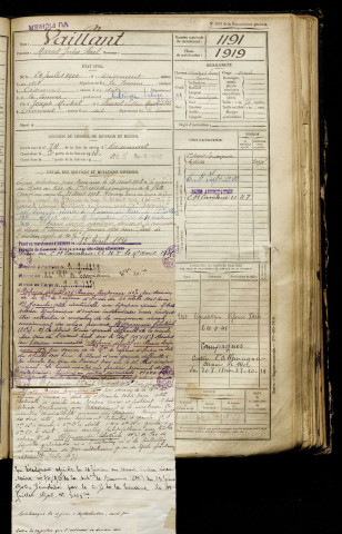 Vaillant, Marcel Jules Paul, né le 20 juillet 1900 à Oisemont (Somme), classe 1920, matricule n° 1191, Bureau de recrutement d'Amiens