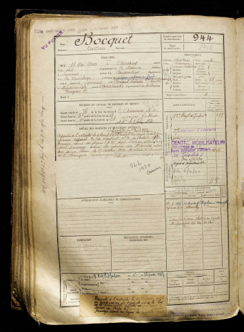 Bocquet, Gustave, né le 18 mai 1900 à Amiens (Somme), classe 1920, matricule n° 944, Bureau de recrutement d'Amiens