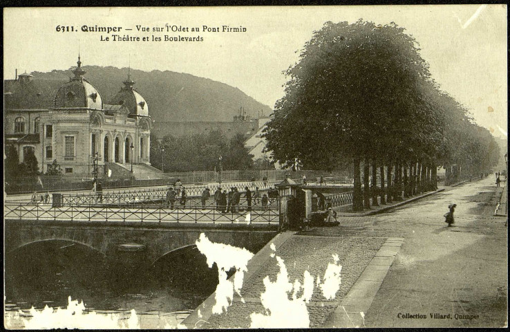 Carte postale intitulée "Quimper. Vue de l'Odet au Pont Firmin. Le Théâtre et les Boulevards". Correspondance de Raymond Paillart à son fils Louis