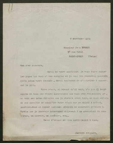 Témoignage de Besnus, Jean et correspondance avec Jacques Péricard