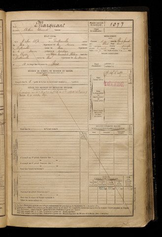 Marquant, Arthur Edmond, né le 08 mai 1872 à Hescamps (Somme), classe 1892, matricule n° 1077, Bureau de recrutement d'Amiens