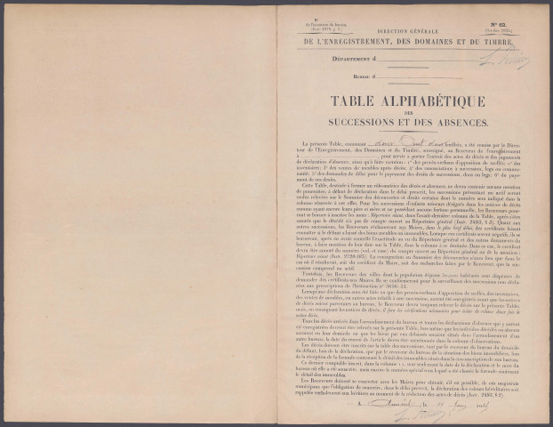 Table des successions et absences du bureau de Rue