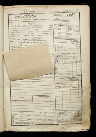 Pothion, Georges Edouard, né le 06 mai 1898 à Péronne (Somme), classe 1918, matricule n° 1033, Bureau de recrutement de Péronne