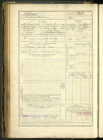 Lefeuvre, Louis Arnold Damas, né le 27 novembre 1862 à Coullemelle (Somme, France), classe 1882, matricule n° 125, Bureau de recrutement de Péronne