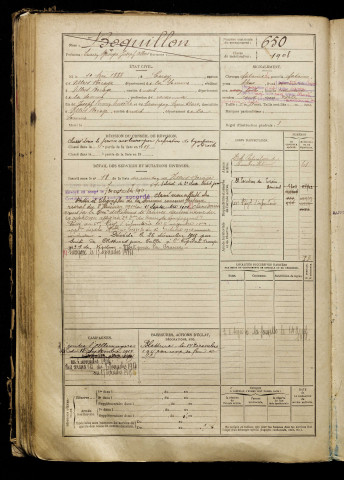 Boquillon, Lucien Georges Joseph Albert, né le 10 mars 1888 à Coisy (Somme), classe 1908, matricule n° 650, Bureau de recrutement d'Amiens