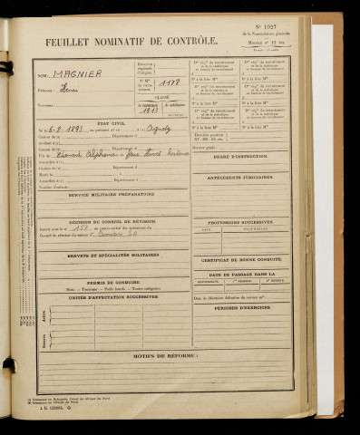 Magnier, Henri, né le 06 août 1893 à Agnetz (Oise), classe 1913, matricule n° 1178, Bureau de recrutement d'Amiens