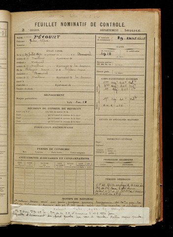 Pécourt, Jules Alfred, né le 29 juillet 1892 à Beauval (Somme), classe 1912, matricule n° 89, Bureau de recrutement d'Abbeville