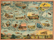 Planche d'un jeu de société Saussine, parcours illustré en "aéroplanes"