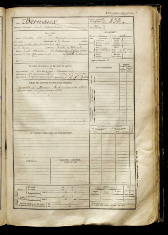 Bernaux, André Emile Alexandre, né le 01 décembre 1899 à Amiens (Somme), classe 1919, matricule n° 835, Bureau de recrutement d'Amiens