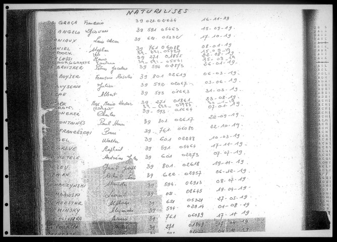 Table alphabétique du contingent 1939 - lettre D : bureaux de recrutement de la Deuxième Région Militaire (Départements du Nord, du Pas de Calais, de l'Aisne, de l'Oise, de la Somme, de l'Eure et de la Seine-Maritime)