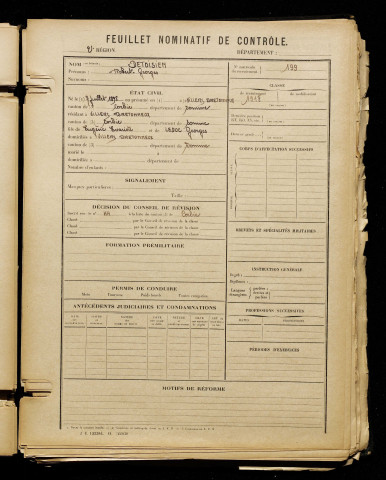 Detoisien, Robert Georges, né le 07 juillet 1898 à Villers-Bretonneux (Somme), classe 1918, matricule n° 199, Bureau de recrutement d'Amiens