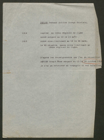 Témoignage de Defise, Fernand (Caporal) et correspondance avec Jacques Péricard