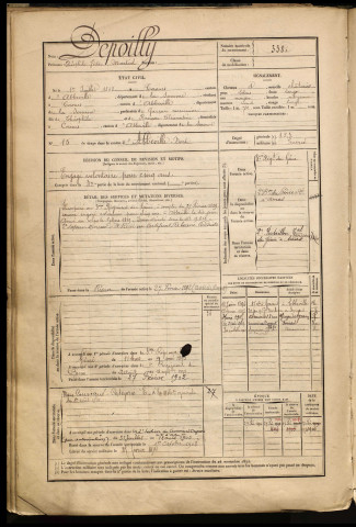 Depoilly, Théophile Victor Martial, né le 01 juillet 1868 à Caours (Somme), classe 1888, matricule n° 338, Bureau de recrutement d'Abbeville