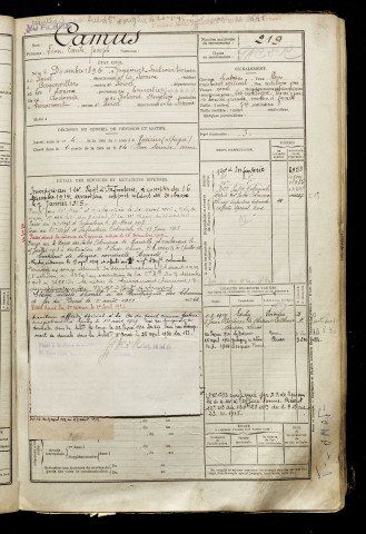 Camus, Léon Emile Joseph, né le 06 décembre 1895 à Guyencourt-Saulcourt (Somme), classe 1915, matricule n° 219, Bureau de recrutement de Péronne