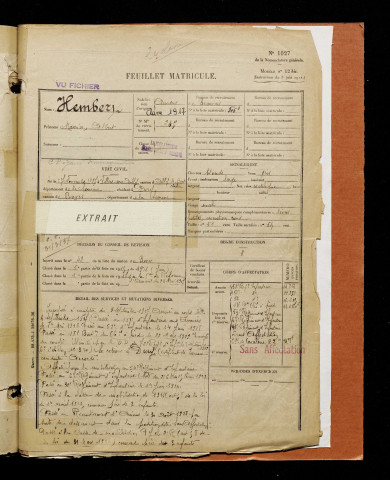 Hembery, Maurice Albert, né le 27 novembre 1897 à Villers-sous-Ailly (Somme), classe 1917, matricule n° 245, Bureau de recrutement d'Amiens