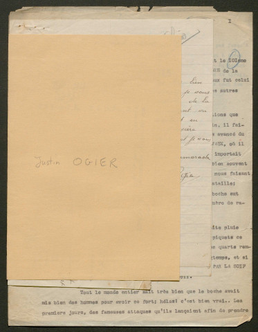 Témoignage de Ogier, Justin (Grenadier) et correspondance avec Jacques Péricard