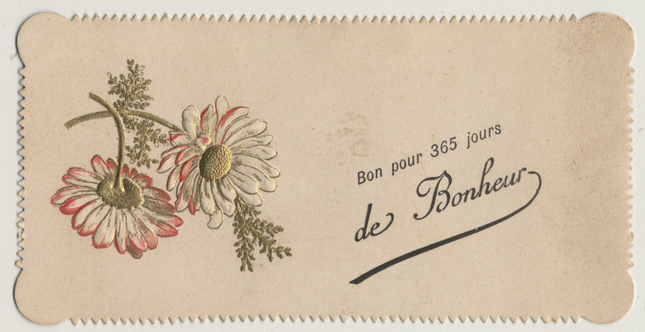 Bon pour 365 jours de bonheur. Des fleurs. A ma petite amie des vacances, le 30 décembre 1893. H. Jolly