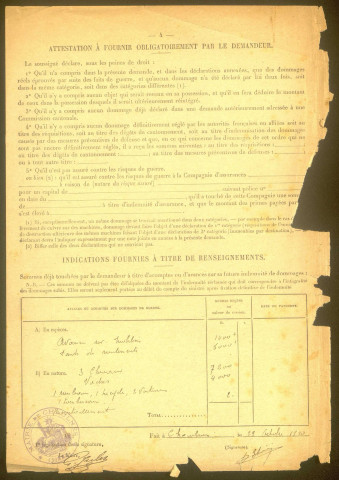 Chaulnes. Demande d'indemnisation des dommages de guerre : dossier Etévé-Dautrevaux