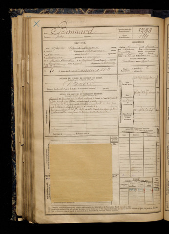 Bonnard, Jules, né le 11 janvier 1869 à Amiens (Somme), classe 1889, matricule n° 1288, Bureau de recrutement d'Amiens