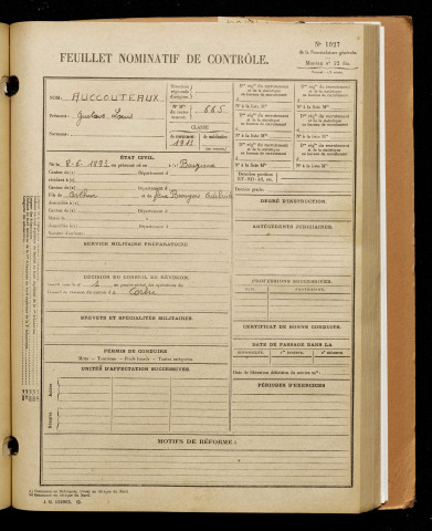 Auccouteaux, Gustave Louis, né le 08 juin 1893 à Baizieux (Somme), classe 1913, matricule n° 665, Bureau de recrutement d'Amiens