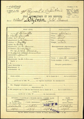 Dhénin, Jules Fernand, né le 12 février 1880 à Sailly-Laurette (Somme), classe 1900, matricule n° 322, Bureau de recrutement de Péronne