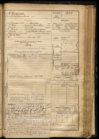 Choquet, Nicolas Antime François, né le 06 décembre 1872 à Humières (Pas-de-Calais), classe 1892, matricule n° 425, Bureau de recrutement d'Amiens