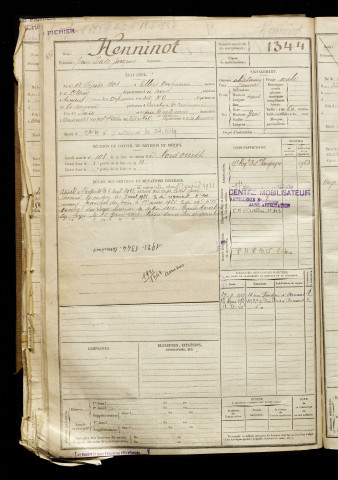 Henninot, Jean Isaïe Jacques, né le 18 février 1901 à Villers-Outréaux (Nord), classe 1921, matricule n° 1344, Bureau de recrutement d'Amiens