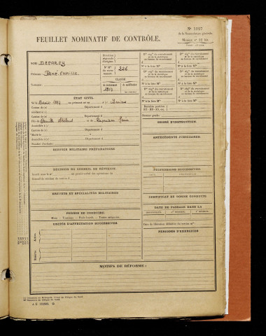 Deparcy, René Camille, né le 13 août 1897 à Amiens (Somme), classe 1917, matricule n° 226, Bureau de recrutement d'Amiens