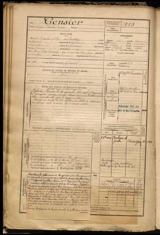 Censier, Eugène Charles Ernest, né le 24 septembre 1869 à Arvillers (Somme), classe 1889, matricule n° 113, Bureau de recrutement de Péronne