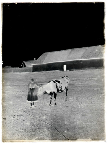 Cayeux-sur-Mer. Une jeune fille et une vache devant une longère