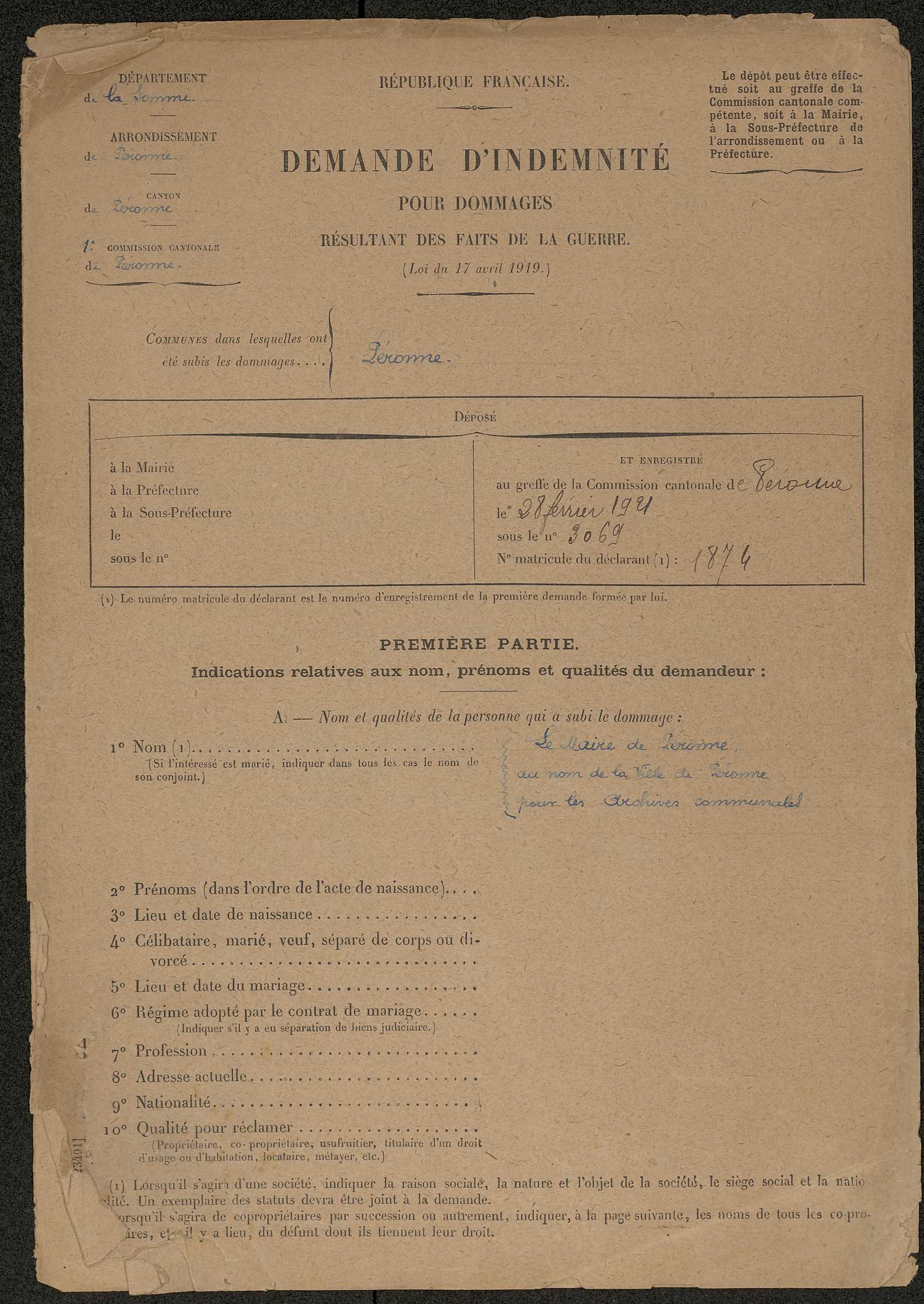 Péronne. Demande d'indemnisation des dommages de guerre : dossier Ville de Péronne (Archives communales)