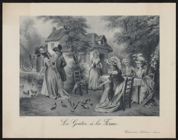 Lithographie "Le Gouter à la Ferme" de Lionel Péraux, offerte par "Les Chaussures de la Maison Salomon" 46 rue des Vergeaux à Amiens