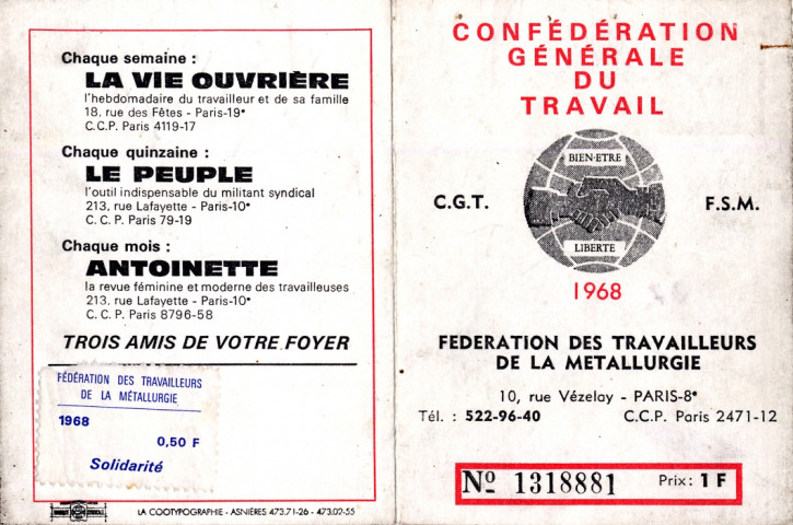 Confédération Générale du Travail, CGT - FSM, 1968 : Fédération des travailleurs de la métallurgie