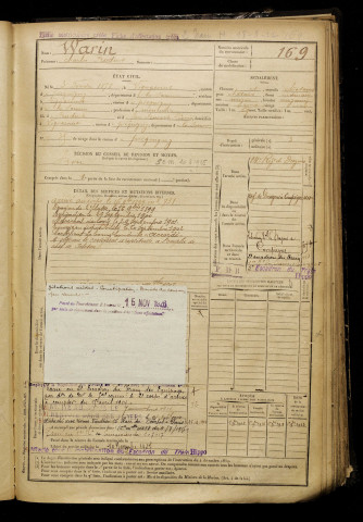 Warin, Charles Prudent, né le 03 février 1878 à Vignacourt (Somme), classe 1898, matricule n° 169, Bureau de recrutement d'Amiens